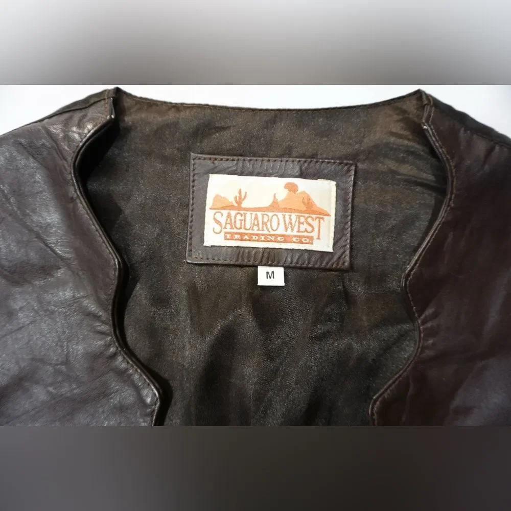 Vintage Saguaro West Brown Leather Vest Medium Western Cowboy Biker Cowboycore